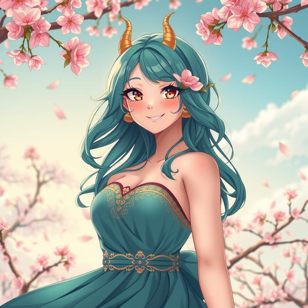 Teal-Haired Woman in Blossoms: Anime-Style Spring Portrait