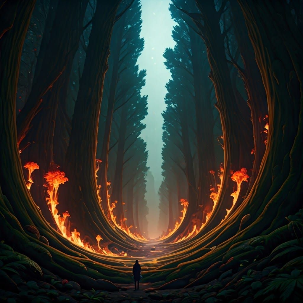 Rainbow Flames Engulfing a Fantastical Forest