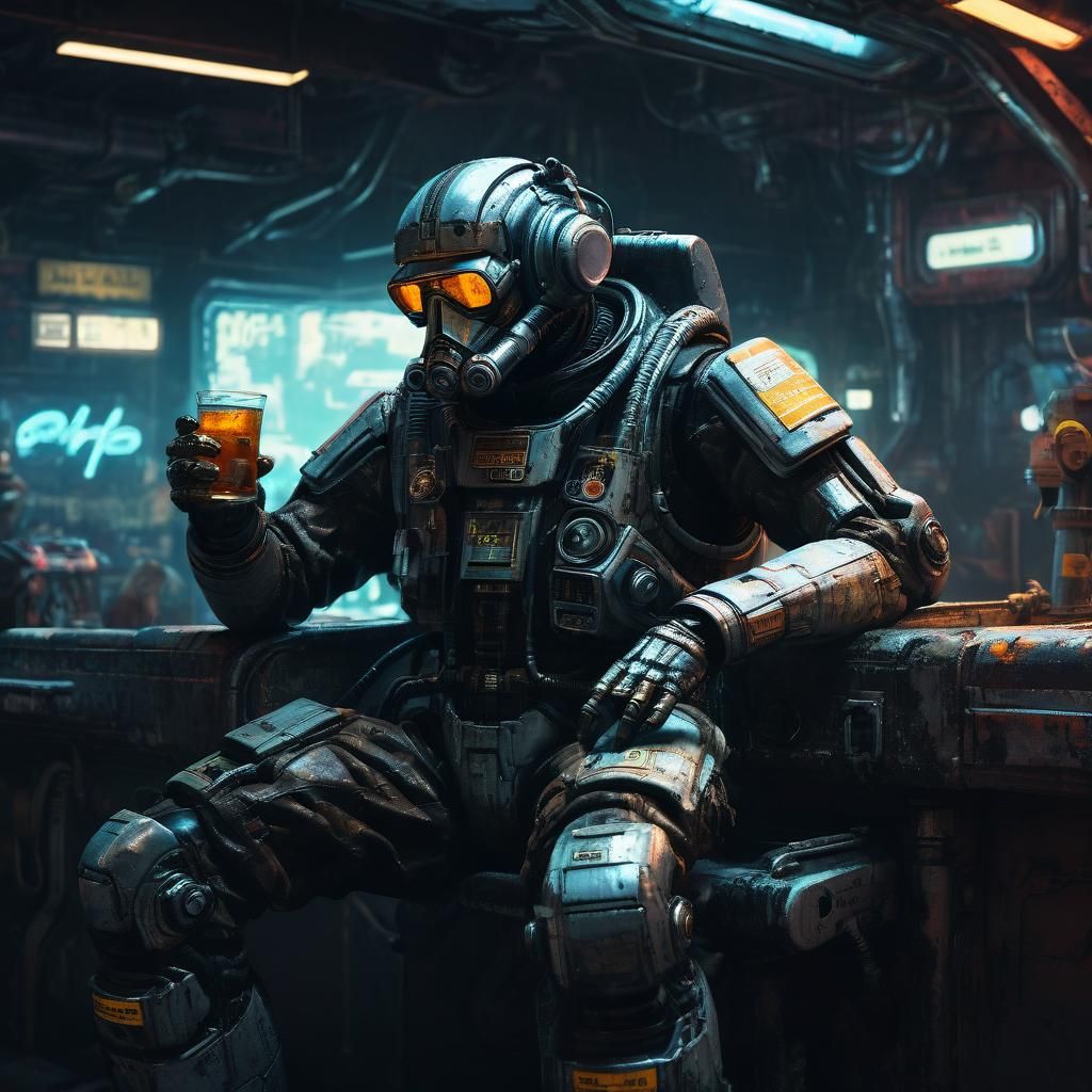 Cyberpunk Cyborg Pilot in Dystopian Cityscape