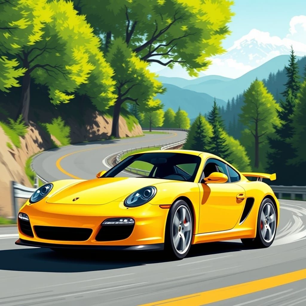 Porsche Cayman on Mountain Road in Futuristic Style