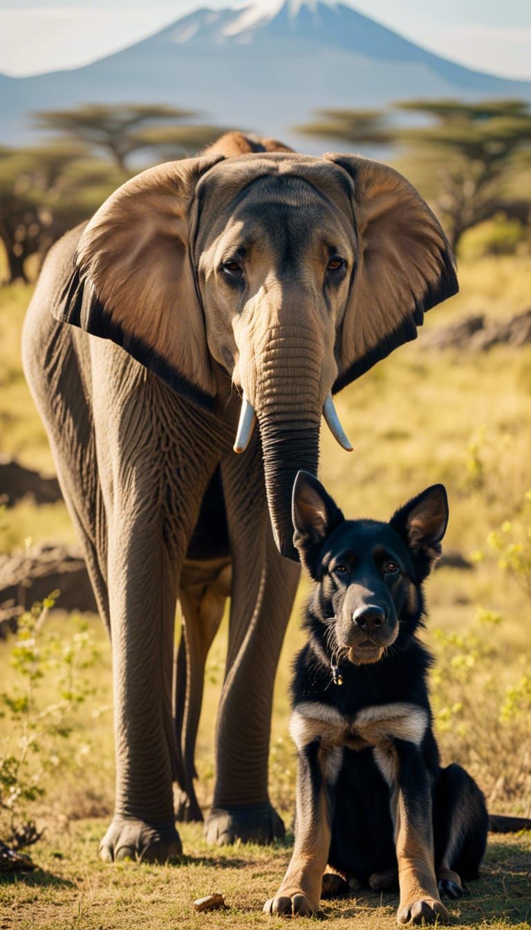 Elephant and Dog Embrace in Amboseli Park