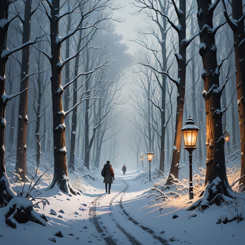 Mystical Snowy Forest Path with Lantern Light