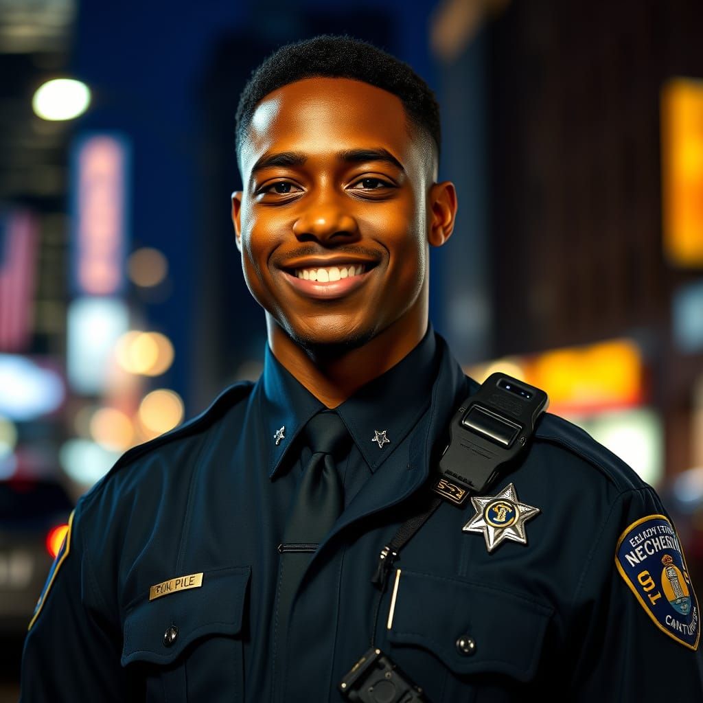 Confident Police Officer in Navy Blue Uniform