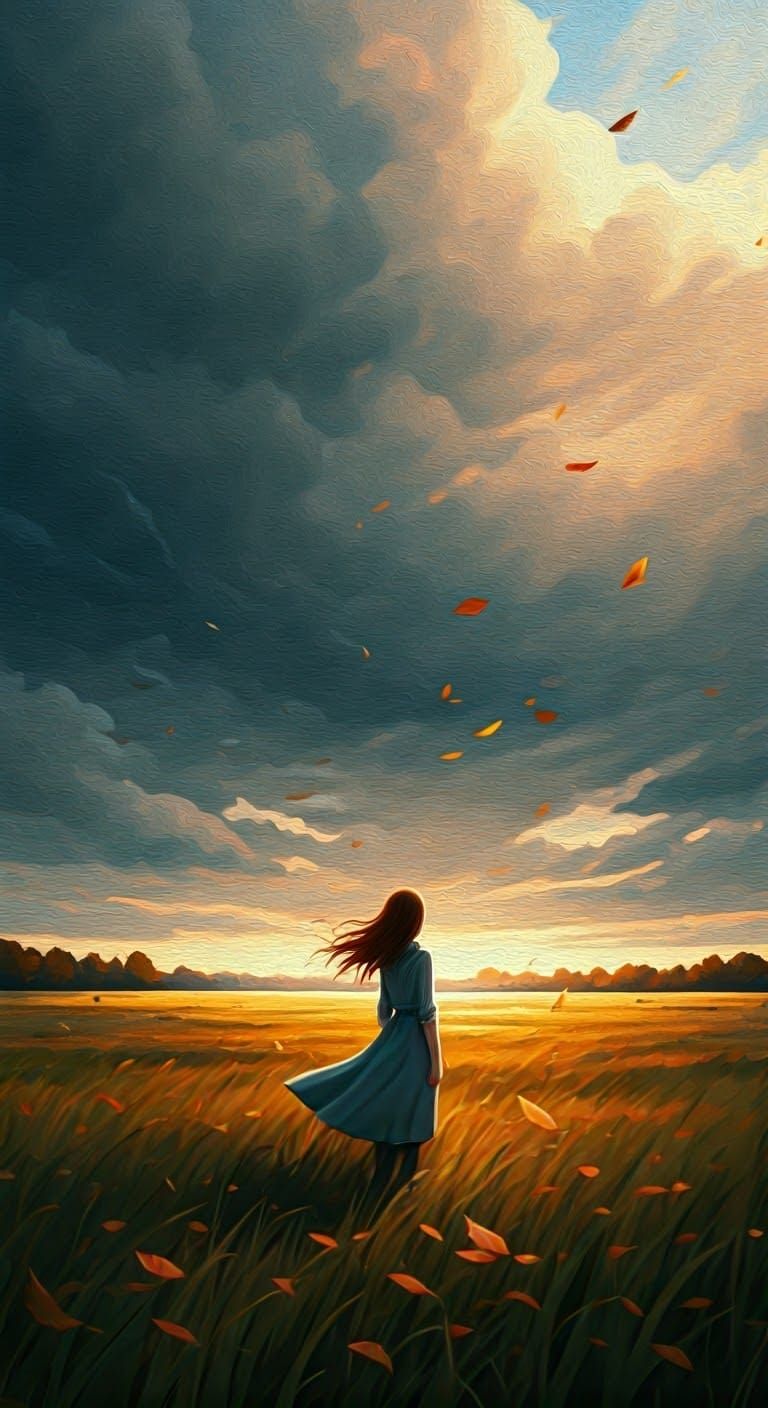 Neo-Expressionist Landscape with a Young Woman in a Field