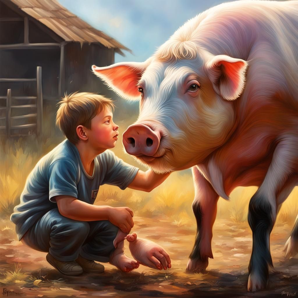 Hyperrealistic Farm Scene with Pigs and Cow
