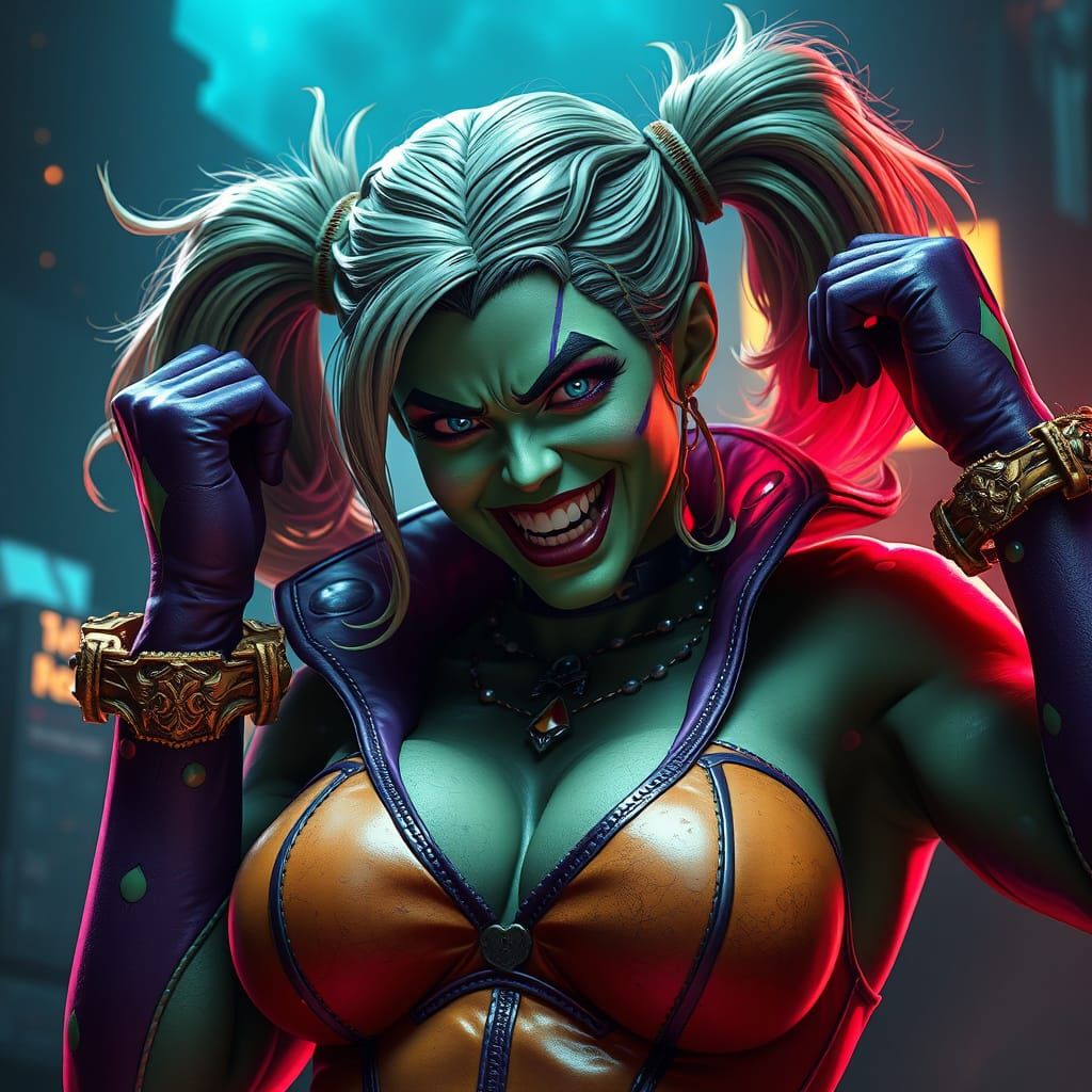 Surreal Dark Fantasy Portrait of Shehulk as Harley Quinn