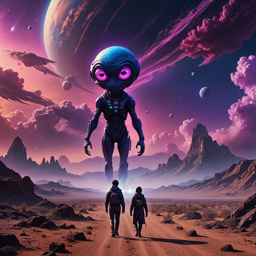 Alien Walking Home in Neon-Infused Fantasy Art