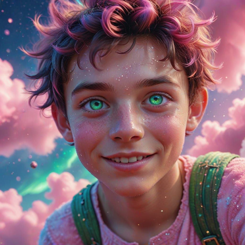 Peter Pan Flies Through Cosmic Pink Clouds