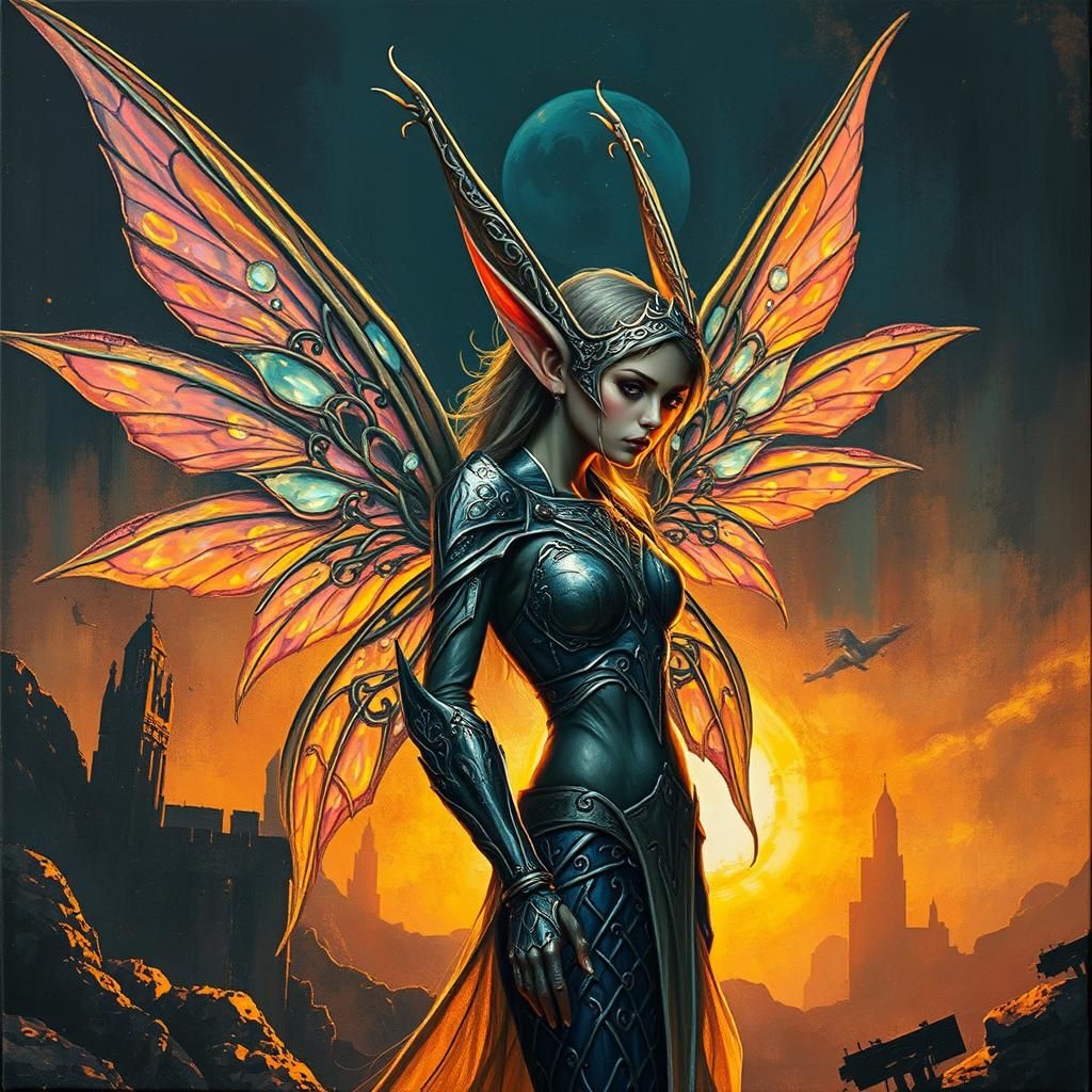 Ethereal Fairy Elf in Dystopian Impasto Landscape
