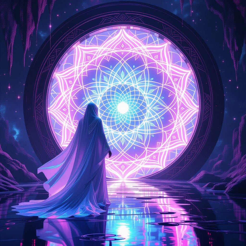 Ethereal Being Accessing Cosmic Gateway in Dreamscape