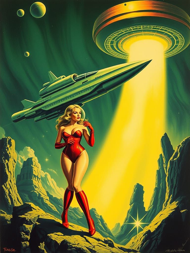 Retro Sci-Fi Horror Poster: Pinup Girl Abducted by Alien Spa...
