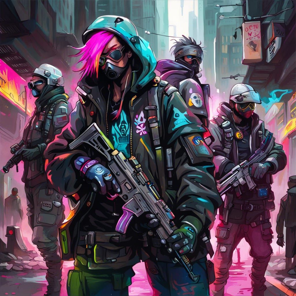 Cyberpunk Gang in Urban Warfare Graffiti Art