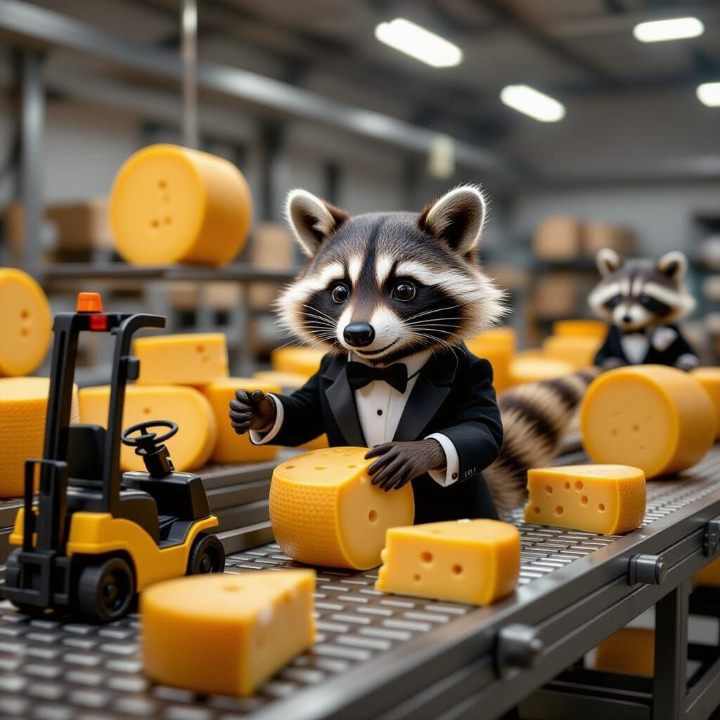 Raccoon Cheese Heist in Hyperrealistic Style