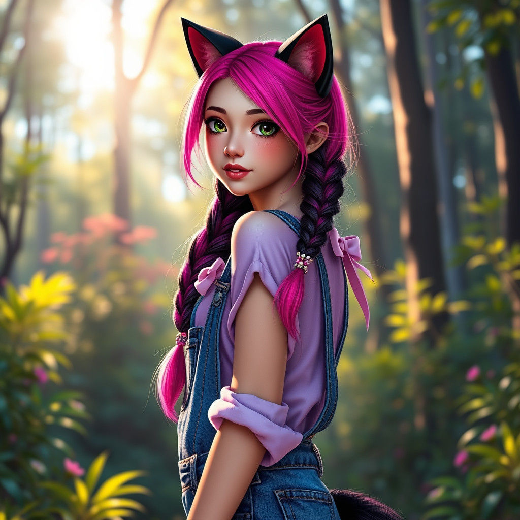 Pink-Haired Girl with Cat Ears in Sunlit Forest