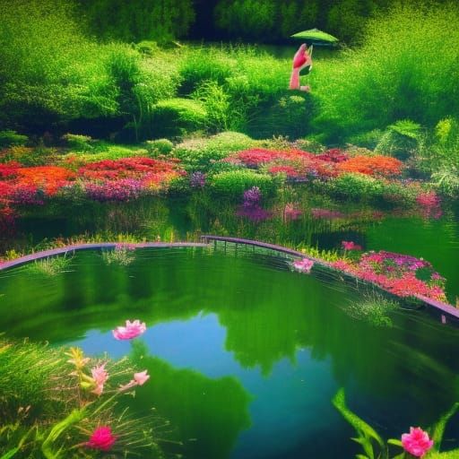 Hyperrealistic Woman Swimming in Flower-Filled Pond