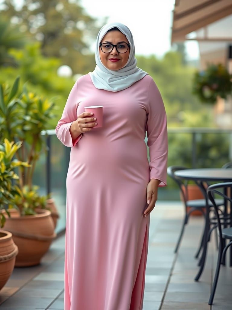 Elegant Woman in Pink Maxi Dress Sips Coffee
