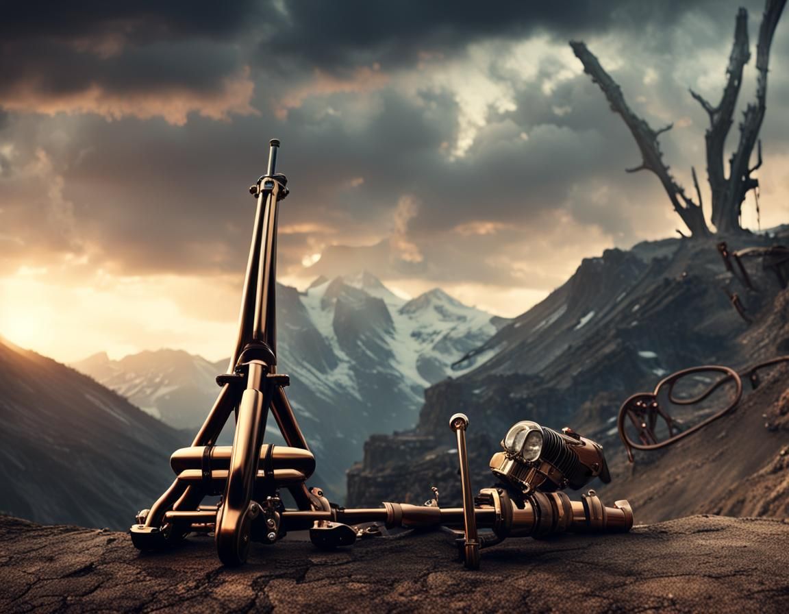 Steampunk Motorcycle on Stormy Mountain Road