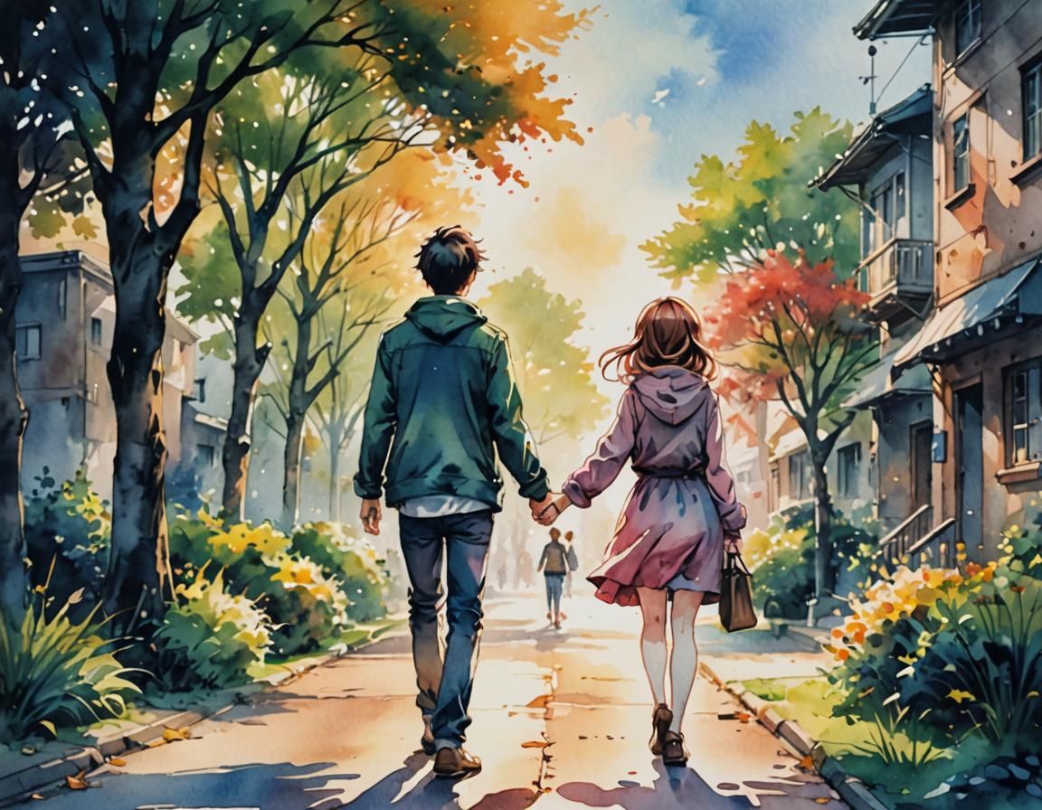 Romantic Watercolour Painting of a Couple Walking