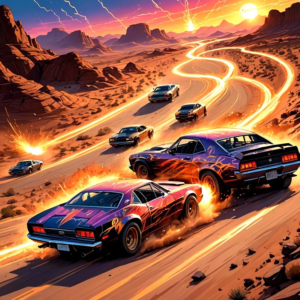 High-Speed Car Chase at Dusk: Comic Book Art