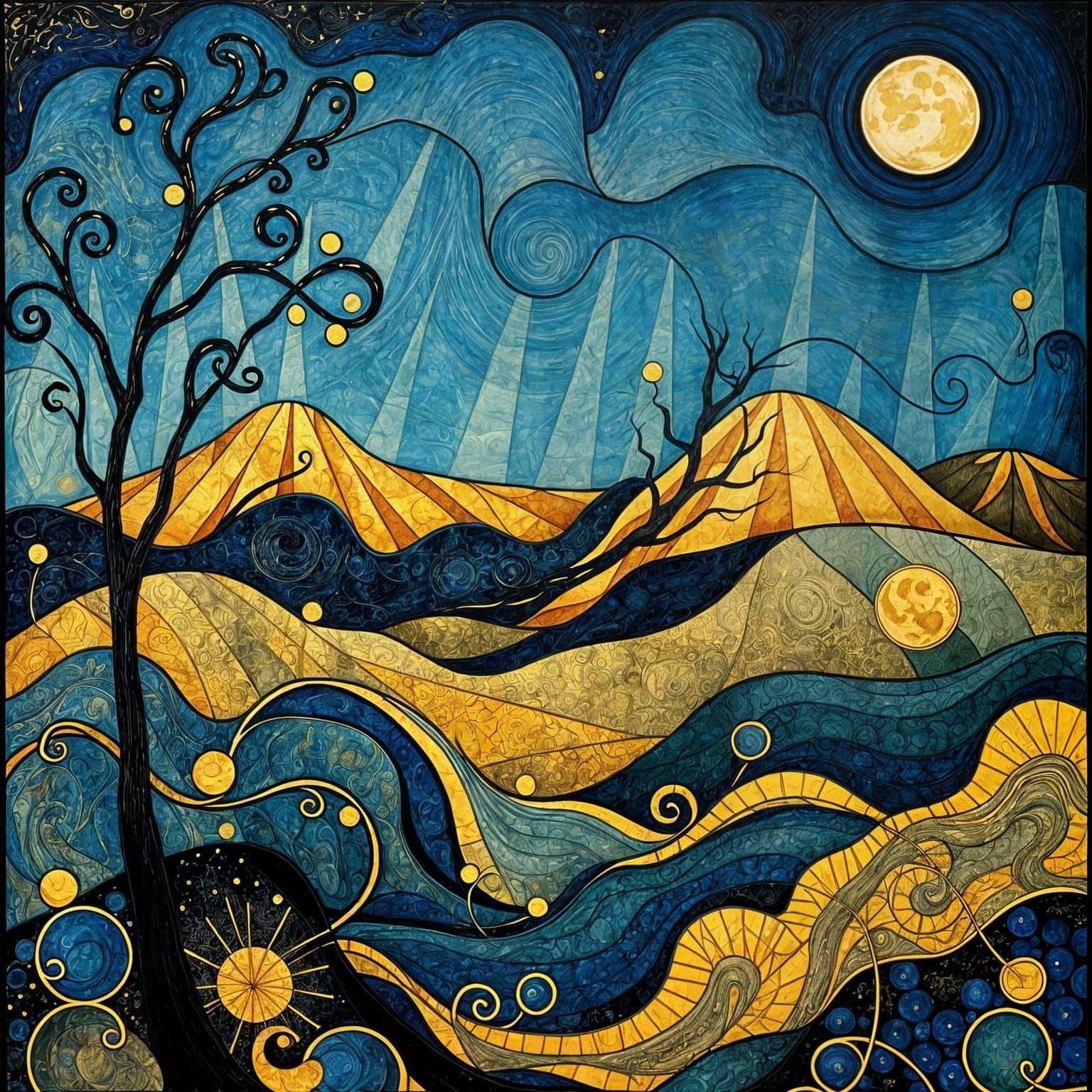 Art Nouveau Moonlit Landscape with Gold Leaf