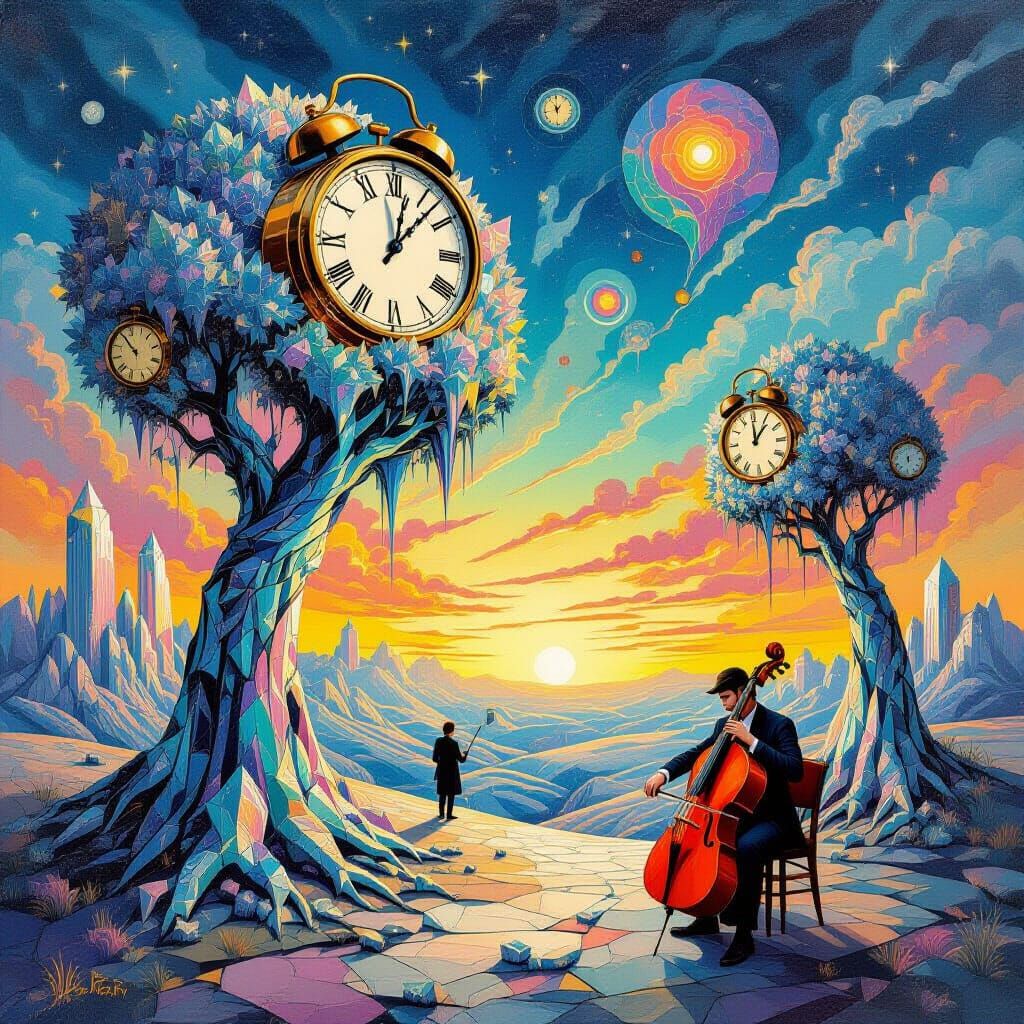 Surreal Landscape with Melting Clocks in Gouache Style