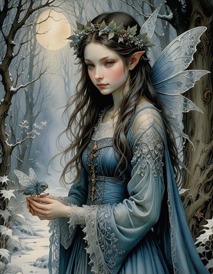 Enchanting Icy Blue Fairy with Wand in Whimsical Winter Wond...