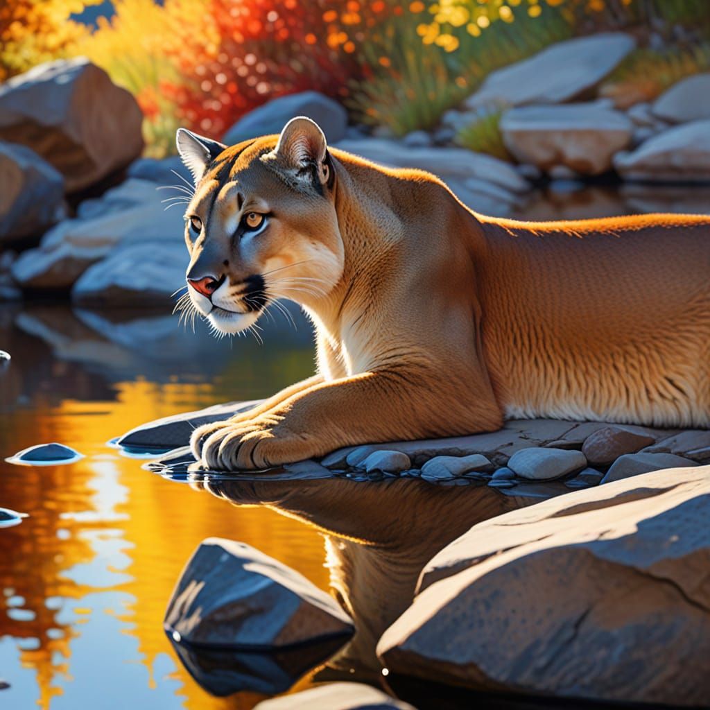 Mountain Lion Drinks Water in Fauvist Oil Painting