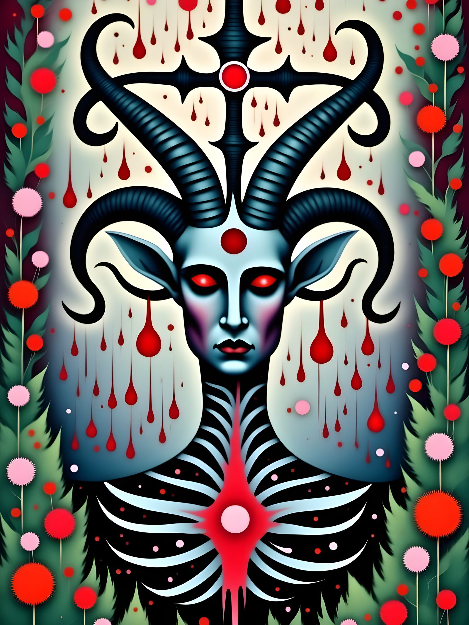 Dark Biomechanical Scene with Baphomet and Inverted Pentagra...