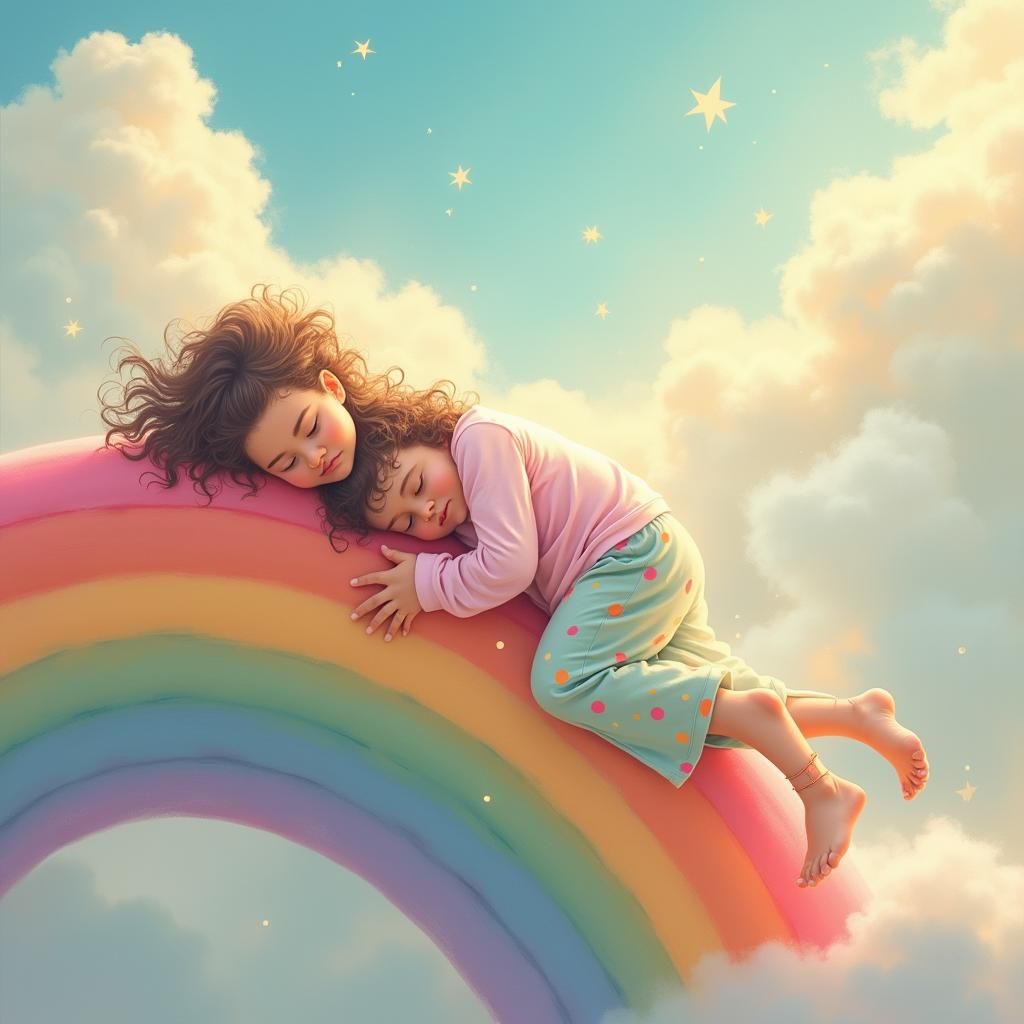 Children Sleeping Peacefully on a Rainbow in Pastel Hues