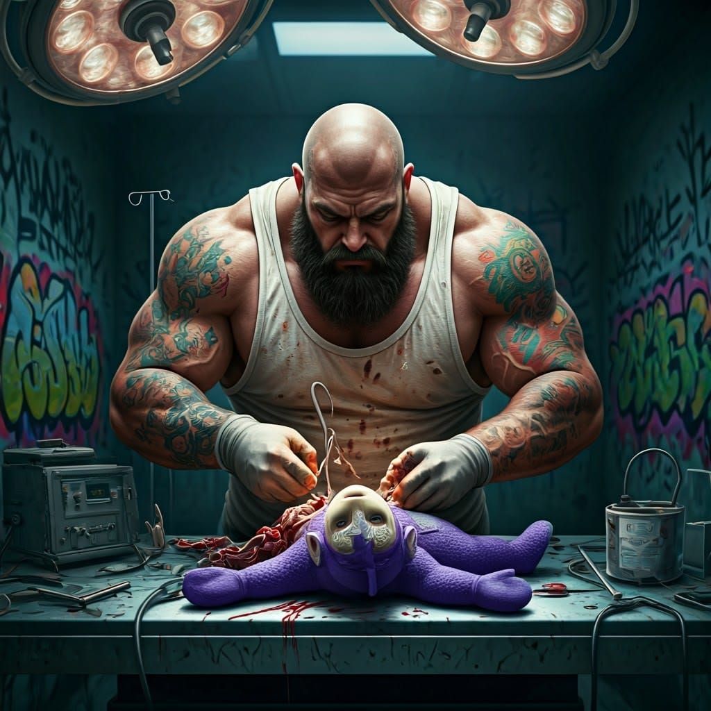 Muscular Man Dissects Teletubby in Gritty Operating Room