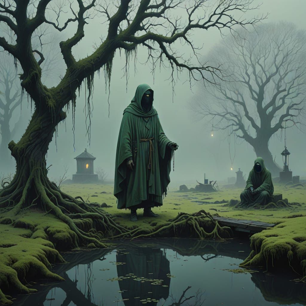 Enchanted Warden Beside Silvery Wishing Well in Mystical Lan...