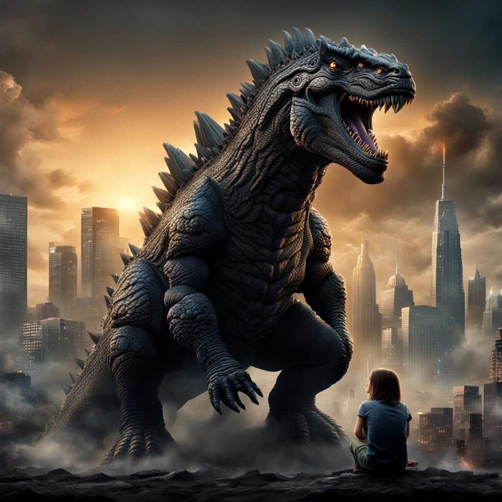 Girl Rides Godzilla: Epic Digital Painting