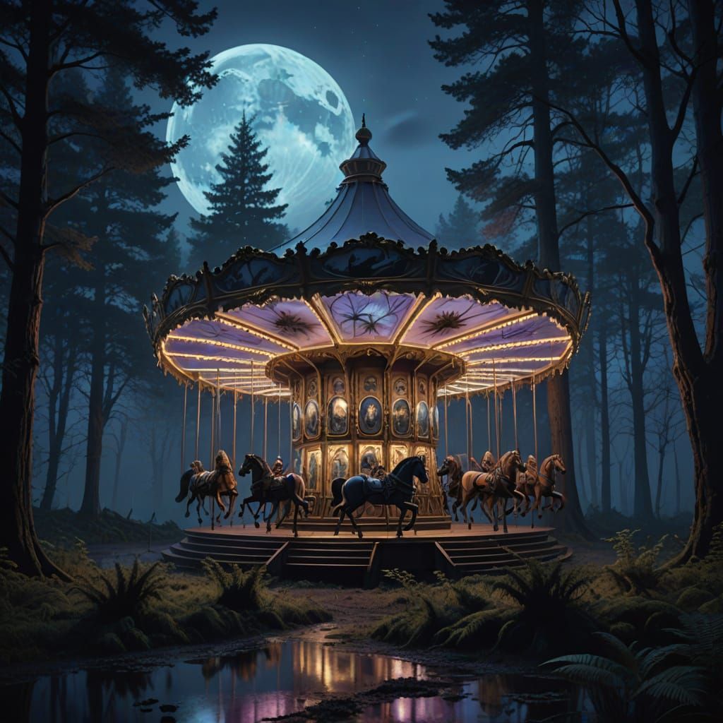 Majestic Carousel Under Moonlit Forest