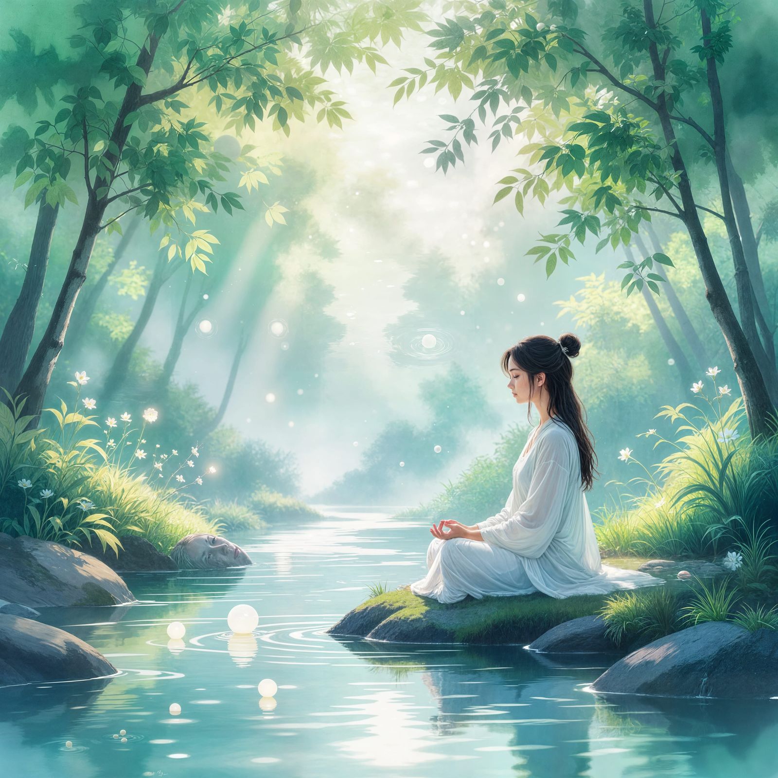 Serene Meditation by Flowing Stream in Soft Watercolor Style