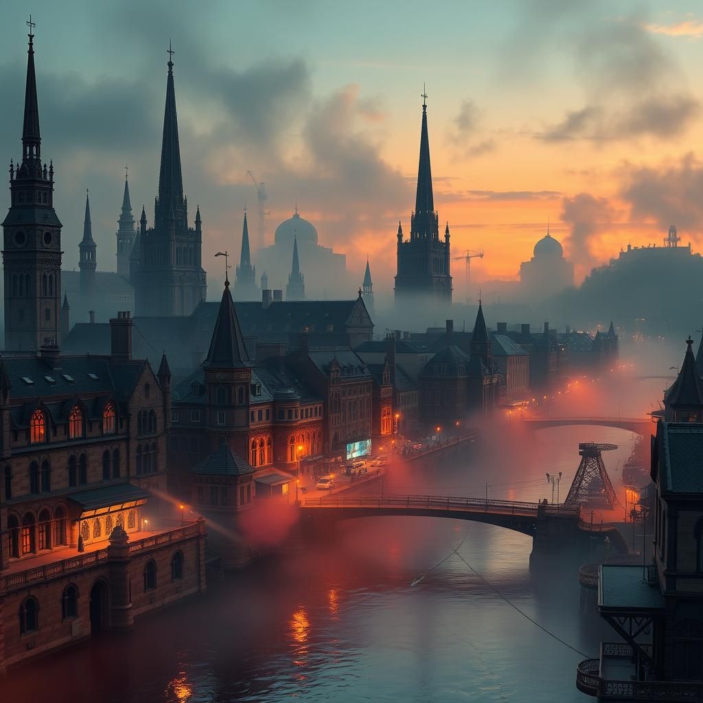 Ankh-Morpork Cityscape in Synth-Pop Style