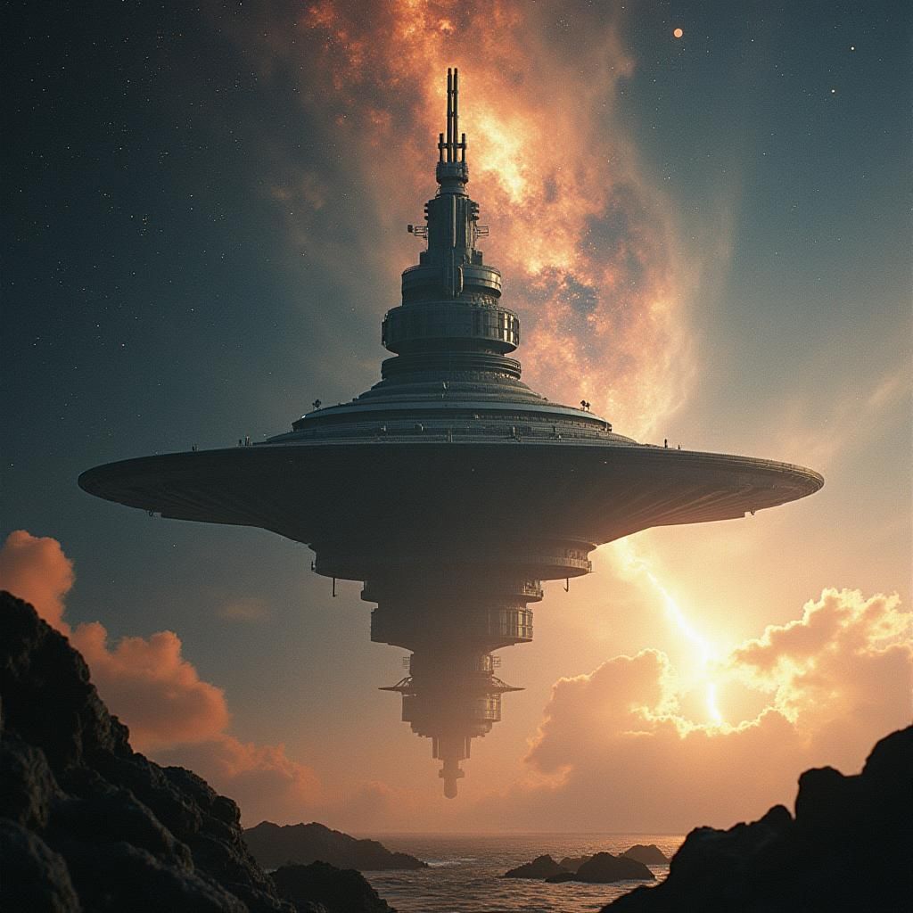 Colossal Spaceship Silhouetted Against Distant Galaxy