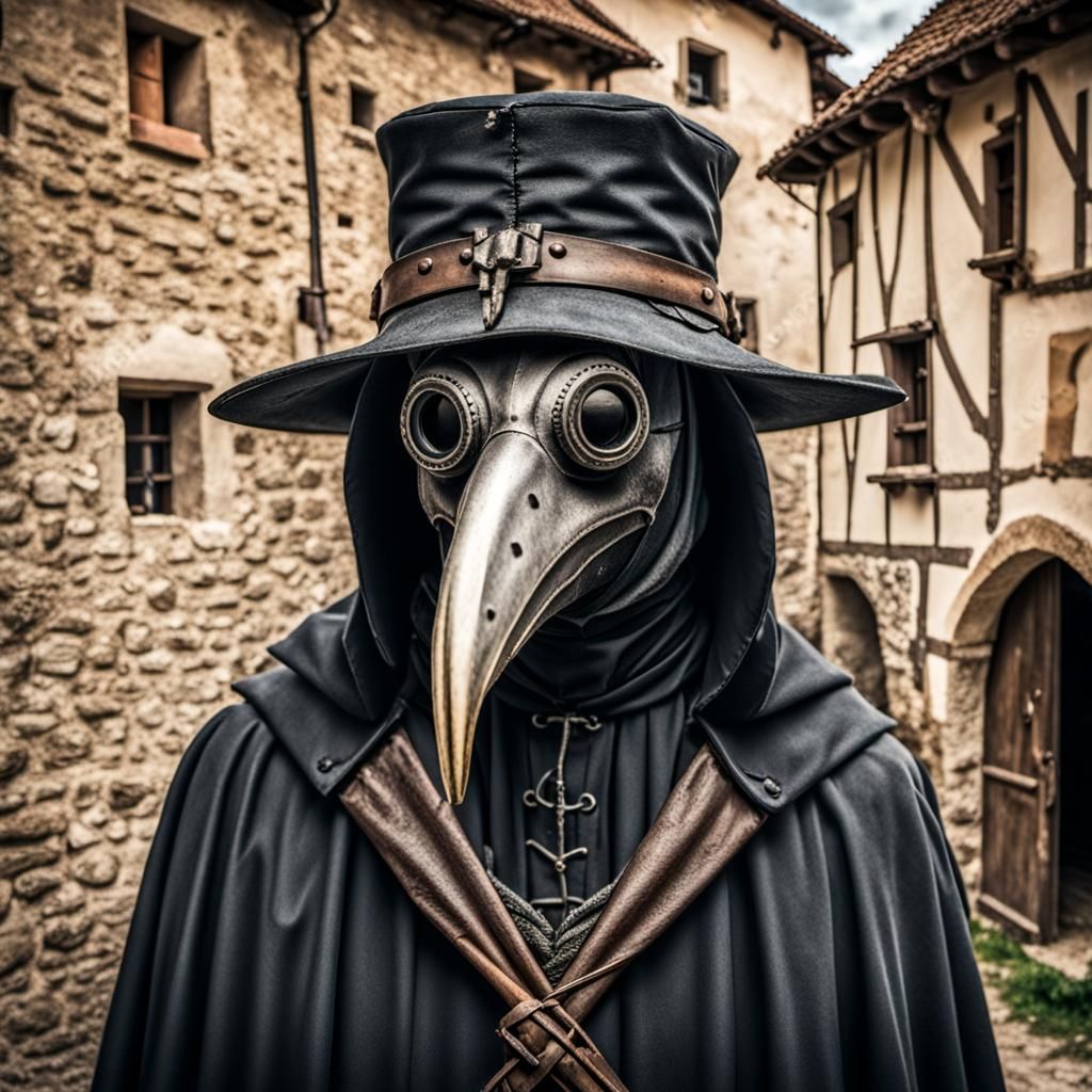 Plague Doctor Portrait in Medieval Village