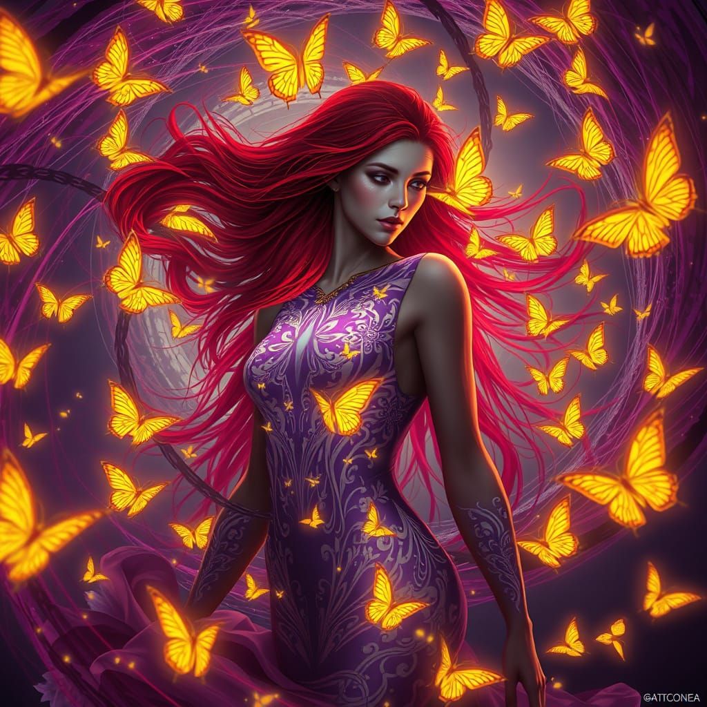 Bioluminescent Woman Surrounded by Luminous Butterflies