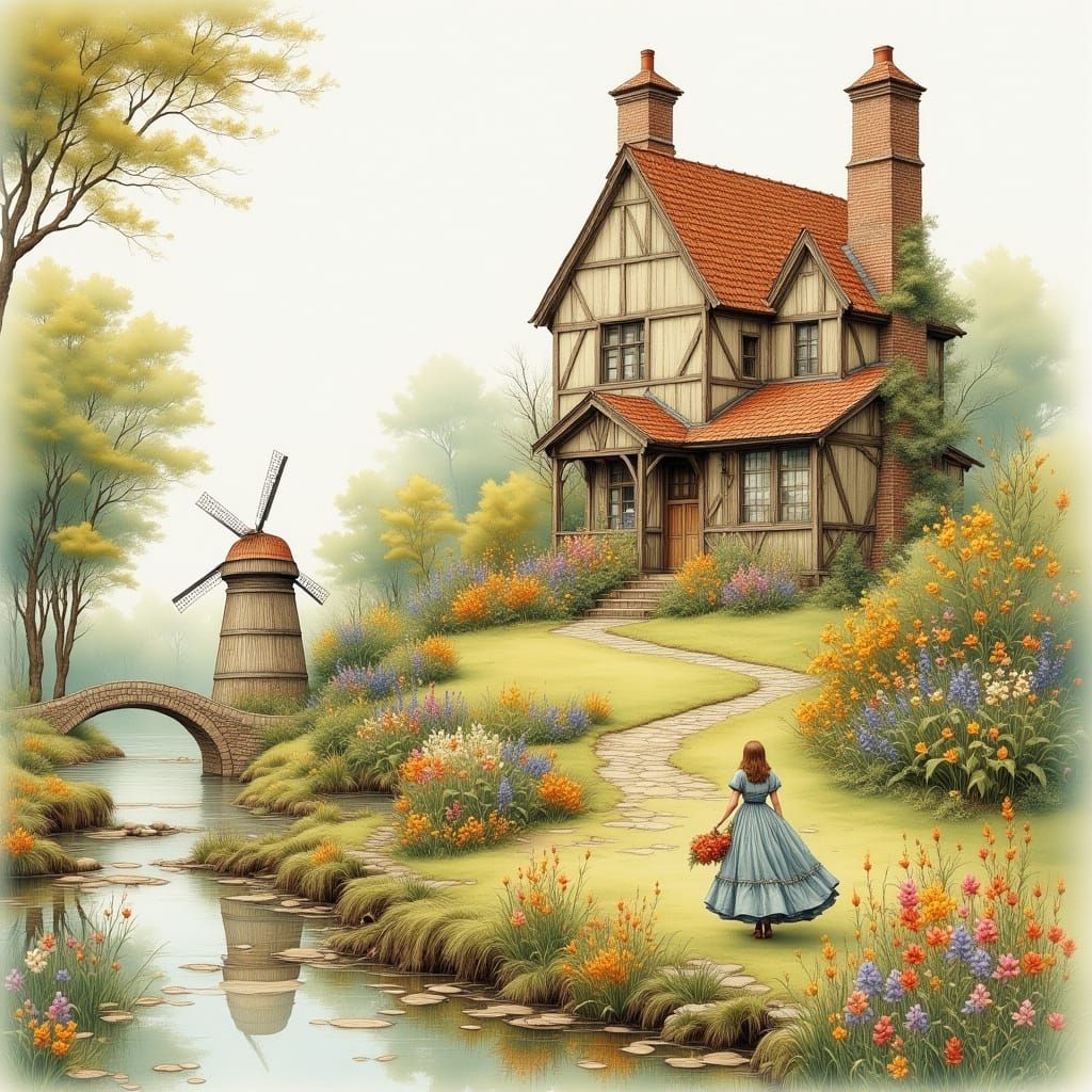Whimsical Dutch Clog House in Watercolor Style