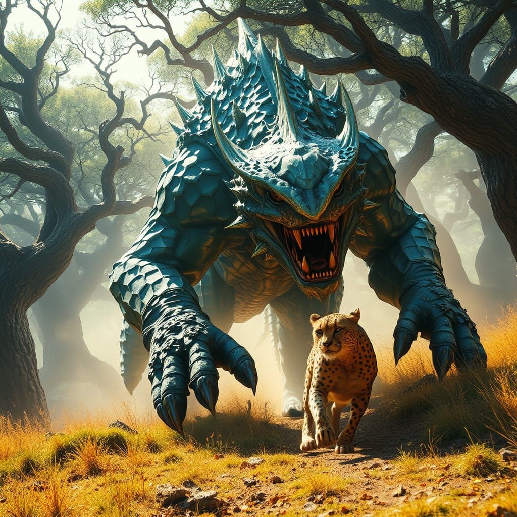 Epic Fantasy Beast Chases Agile Cheetah Across Vibrant Savan...