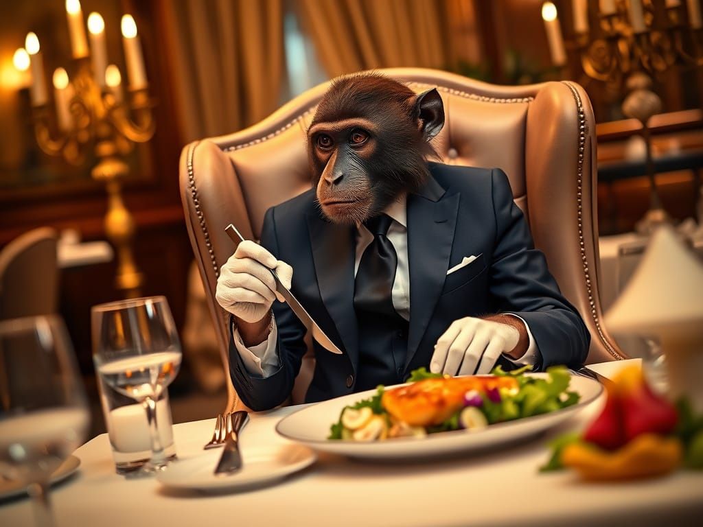 Refined Monkey Dines in Style, Navy Blue Suit, Upscale Resta...