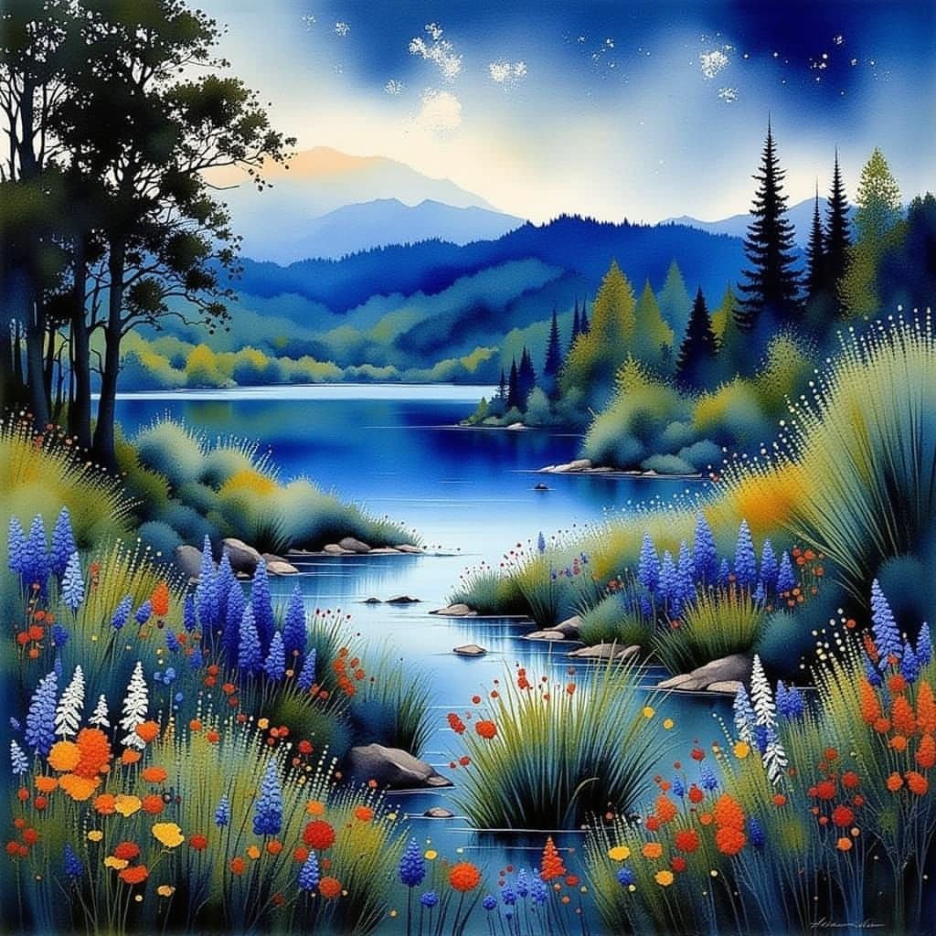 Whimsical Midsummer Night Scene on a Swedish Lake, in Waterc...