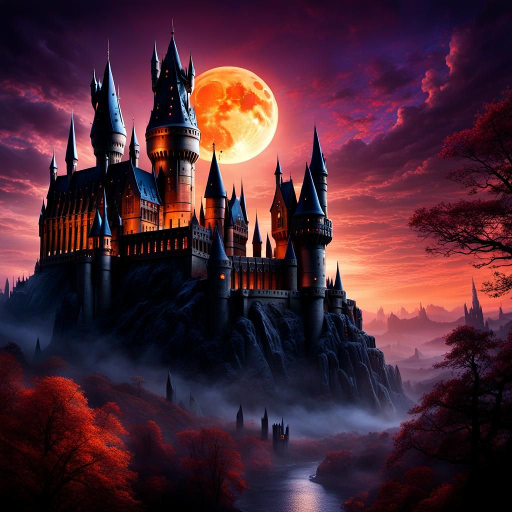 Hogwarts Castle Looms at Twilight: Dark Fantasy Matte Painti...