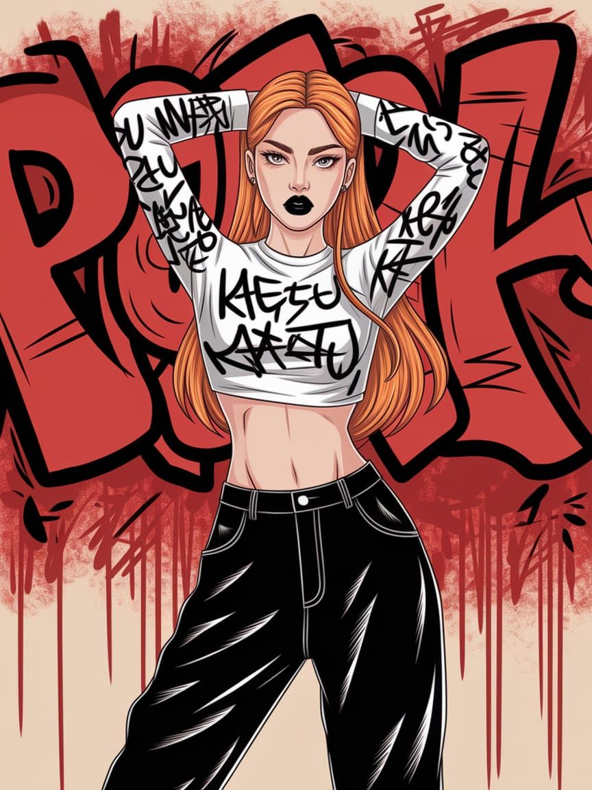 Confident Korean Woman in Manga Style with Graffiti Backdrop