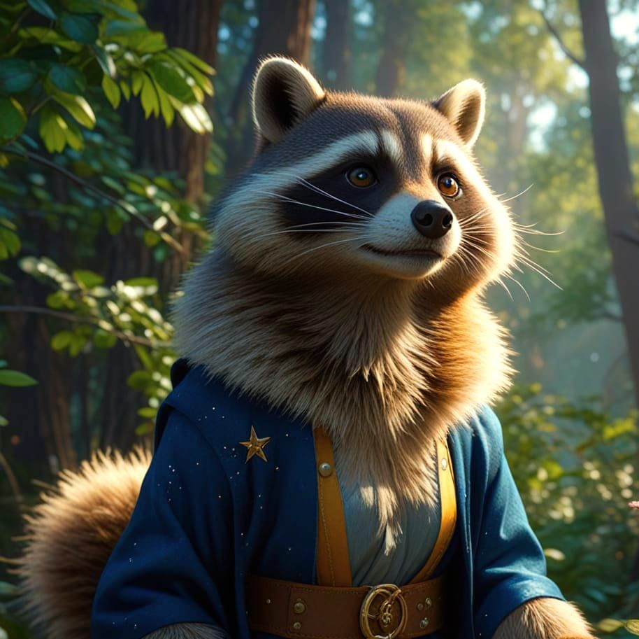 Smiling Raccoon Woman in Magical Forest: 3D Digital Art
