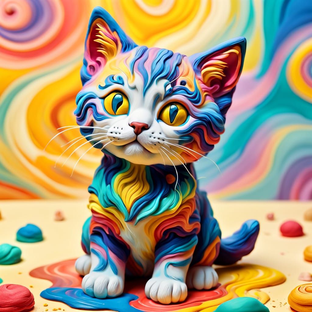 Playful Clay Kitten Concept Art in Oil Painting Style