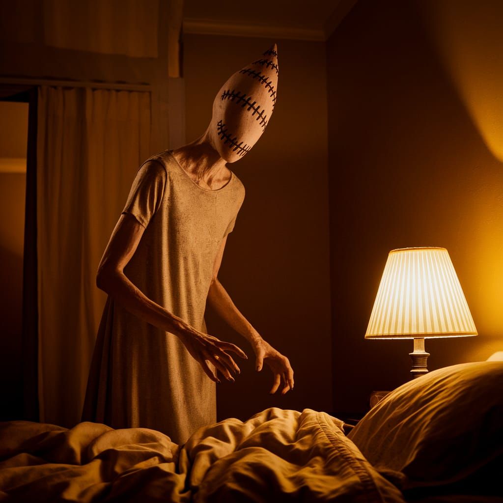 Grotesque Faceless Creature in Dimly Lit Bedroom