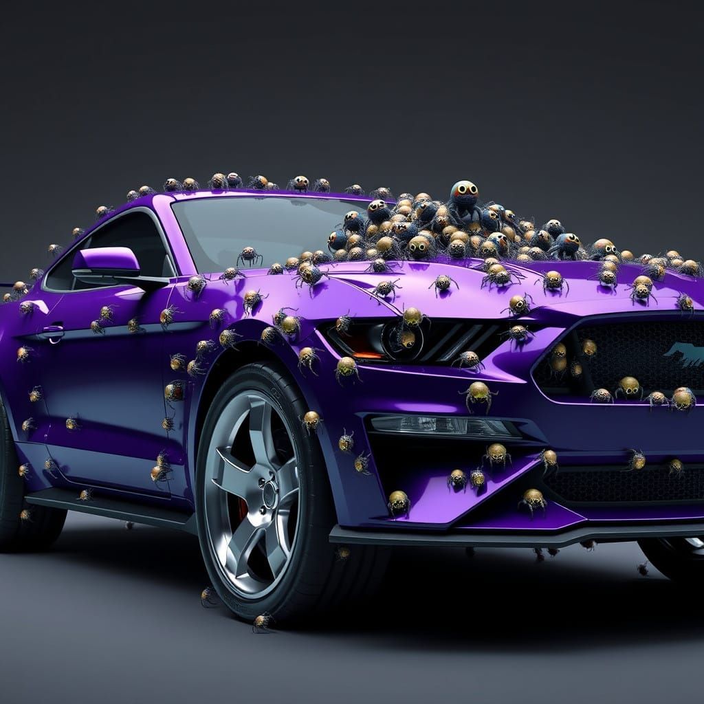 Adorable Spiders Overrun a Vibrant Purple Mustang