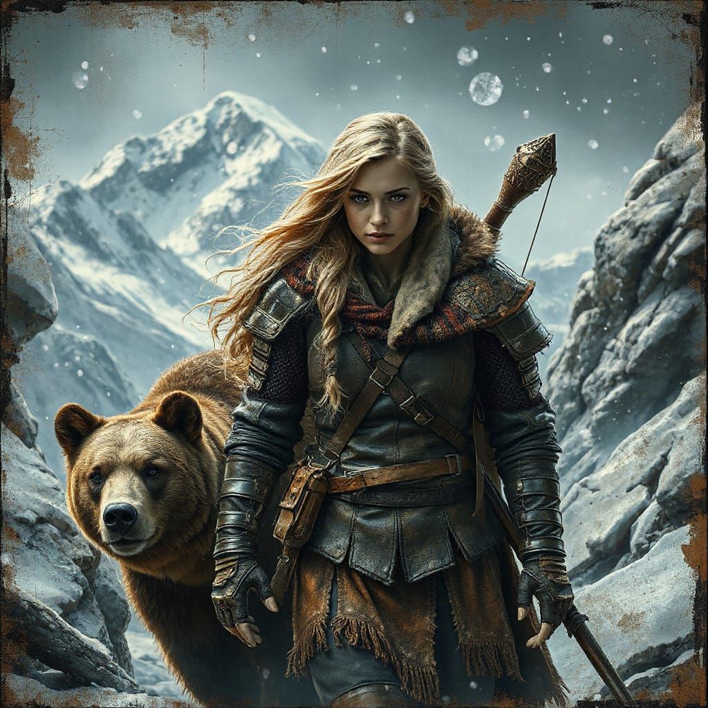 Medieval Huntress Embarks on Snowy Quest with Fierce Bear Co...