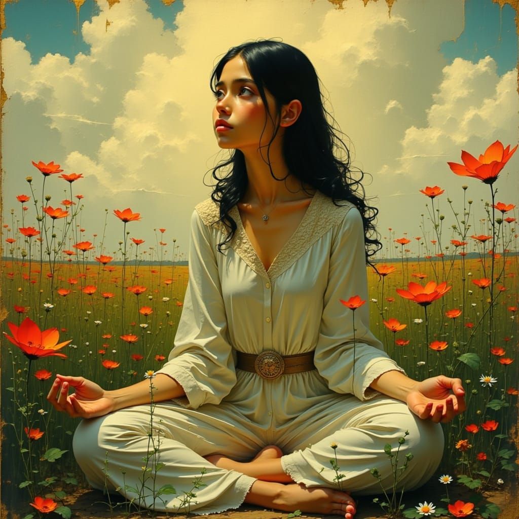Leia in Serene Yoga Lotus Pose Amidst Wildflowers